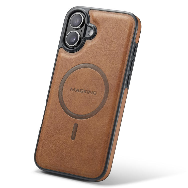 MAGKING K1 Series For iPhone 16 Magnetic Case PC+TPU+PU Leather Phone Cover - Brown