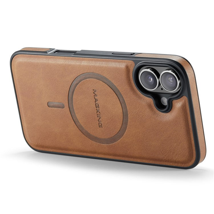 MAGKING K1 Series For iPhone 16 Magnetic Case PC+TPU+PU Leather Phone Cover - Brown