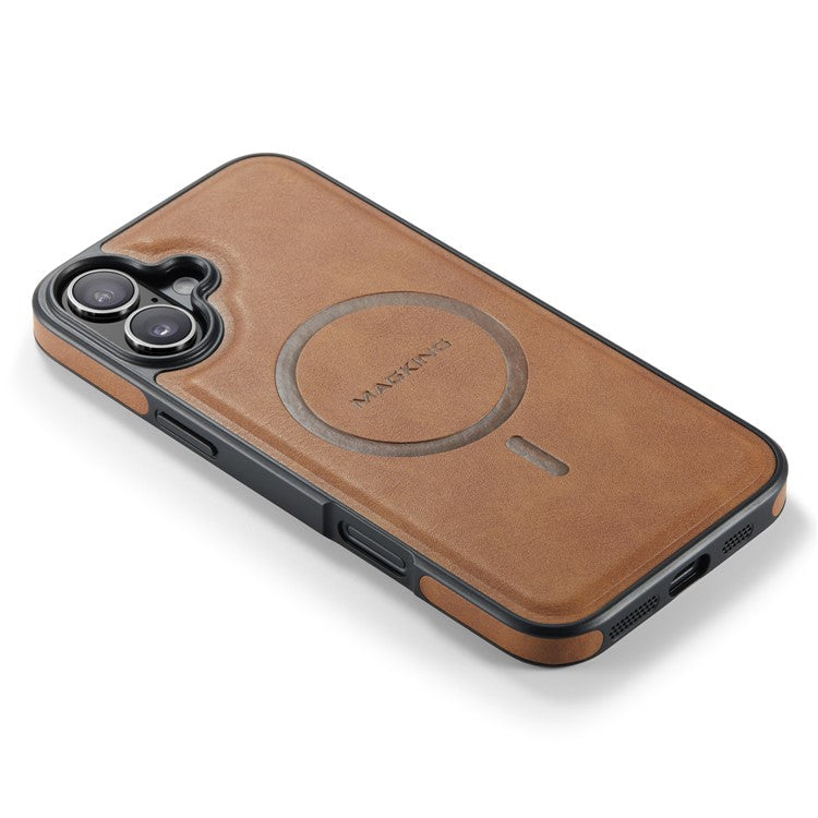 MAGKING K1 Series For iPhone 16 Magnetic Case PC+TPU+PU Leather Phone Cover - Brown