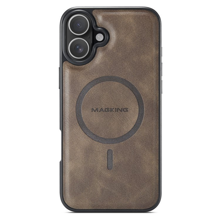 MAGKING K1 Series For iPhone 16 Plus Magnetic Case PC+TPU+PU Leather Phone Cover - Coffee