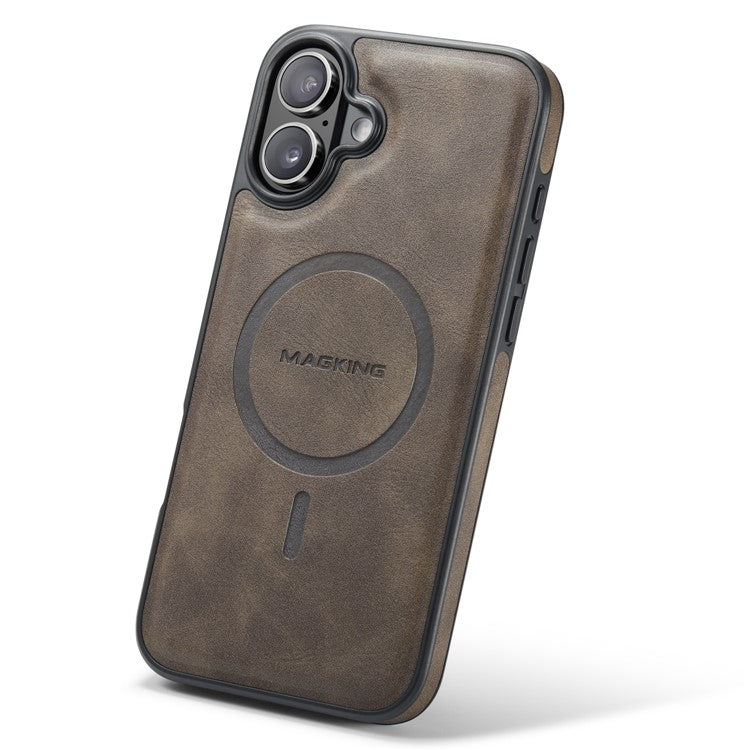 MAGKING K1 Series For iPhone 16 Plus Magnetic Case PC+TPU+PU Leather Phone Cover - Coffee