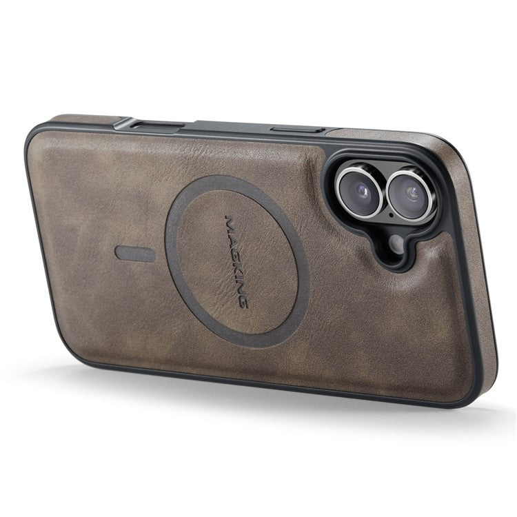 MAGKING K1 Series For iPhone 16 Plus Magnetic Case PC+TPU+PU Leather Phone Cover - Coffee