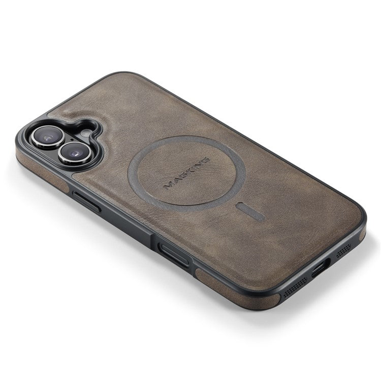 MAGKING K1 Series For iPhone 16 Plus Magnetic Case PC+TPU+PU Leather Phone Cover - Coffee