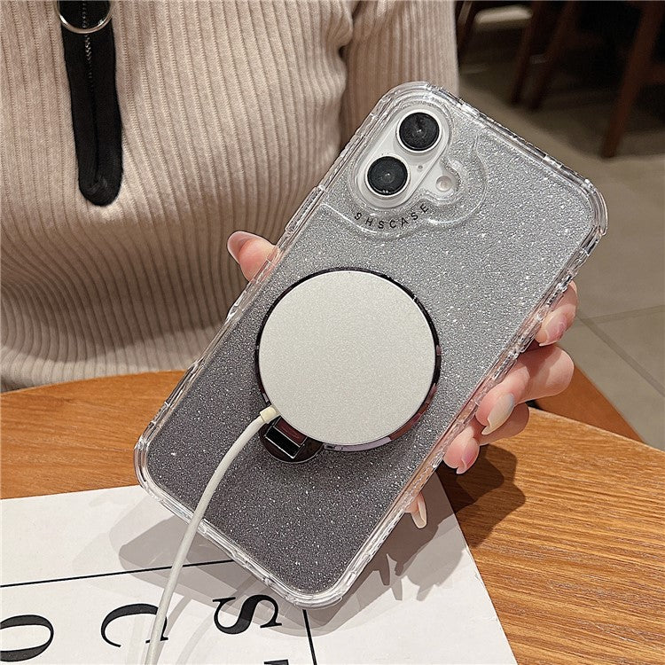 For iPhone 16 Case Compatible with MagSafe Gyro Design Glitter PC + TPU Phone Cover - Black