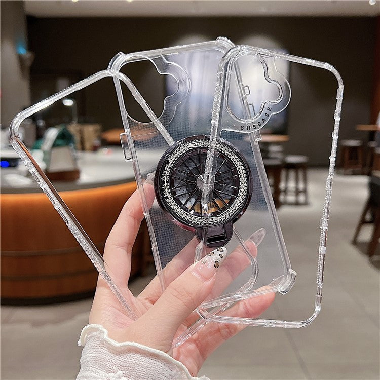 For iPhone 16 Plus Clear Case Compatible with MagSafe Gyro Design PC + TPU Phone Cover with Kickstand - Pink