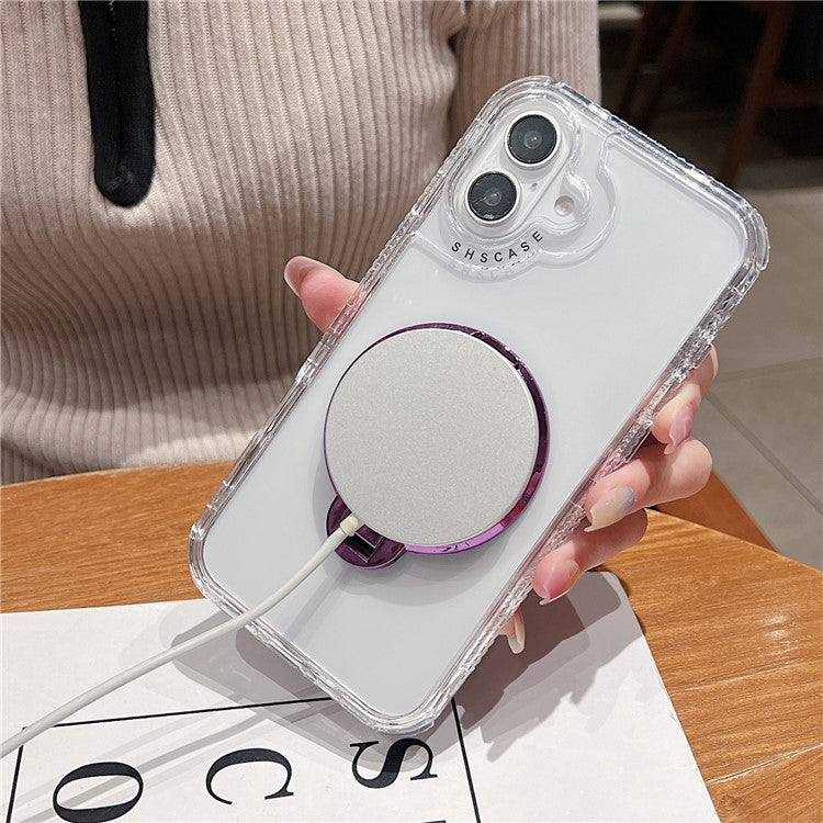 For iPhone 16 Plus Clear Case Compatible with MagSafe Gyro Design PC + TPU Phone Cover with Kickstand - Pink