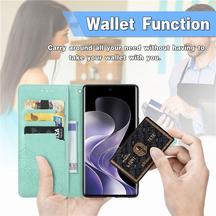 For vivo T3 Ultra 5G Wallet Case Mandala Flower Leather Phone Cover Stand View - Green