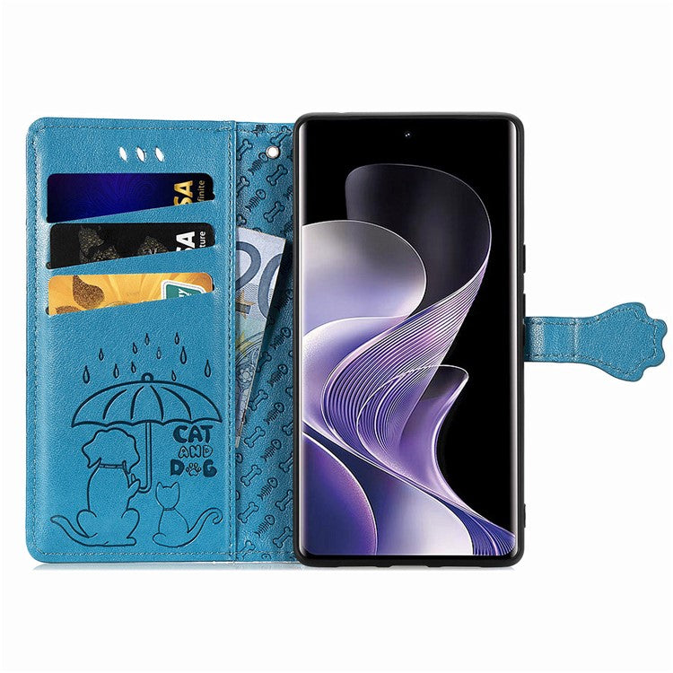 For vivo T3 Ultra 5G Case Leather Wallet Flip Phone Cover Cute Cat Dog Pattern - Blue