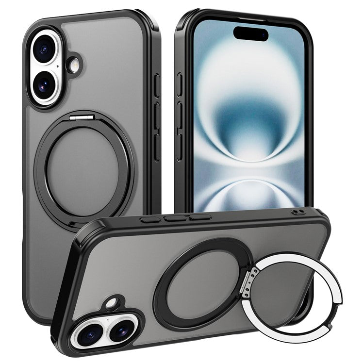 For iPhone 16 Case Compatible with MagSafe Ring Kickstand TPU+PC Back Cover - Black