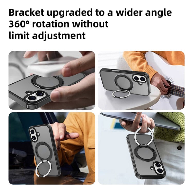 For iPhone 16 Case Compatible with MagSafe Ring Kickstand TPU+PC Back Cover - Black