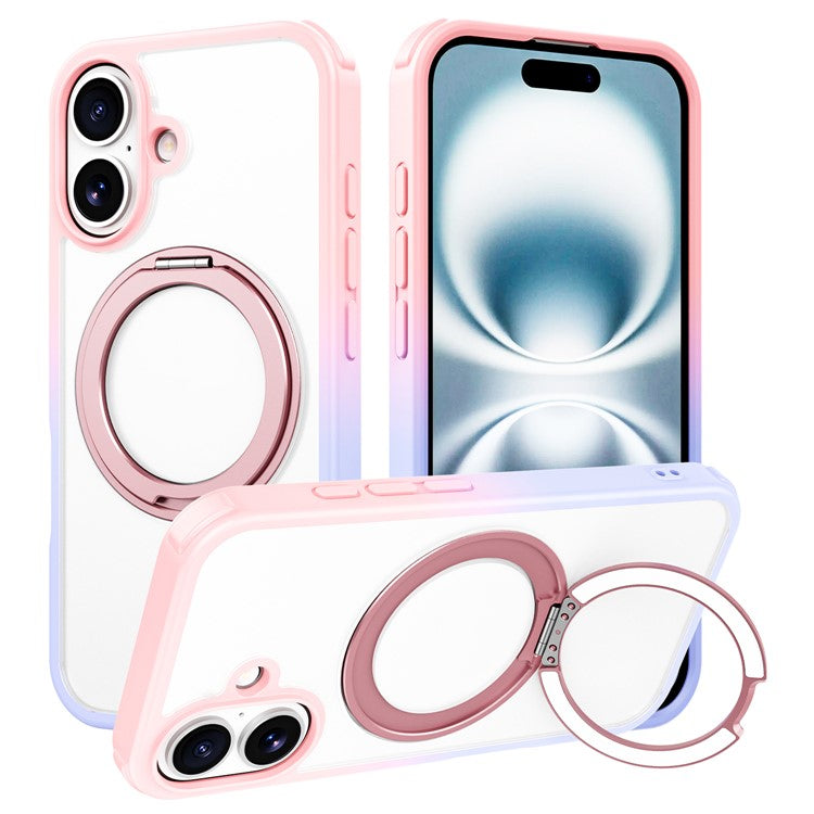 For iPhone 16 Case Compatible with MagSafe Ring Kickstand TPU+PC Back Cover - Gradient Pink Purple