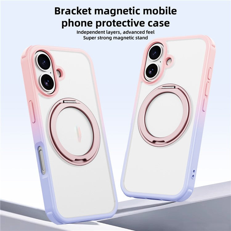 For iPhone 16 Case Compatible with MagSafe Ring Kickstand TPU+PC Back Cover - Gradient Pink Purple