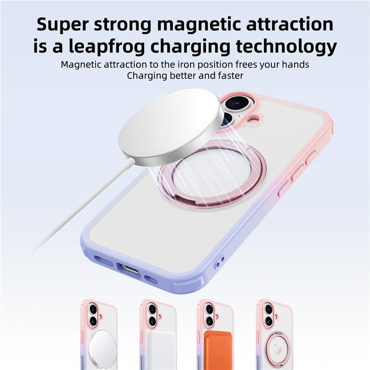 For iPhone 16 Case Compatible with MagSafe Ring Kickstand TPU+PC Back Cover - Gradient Pink Purple