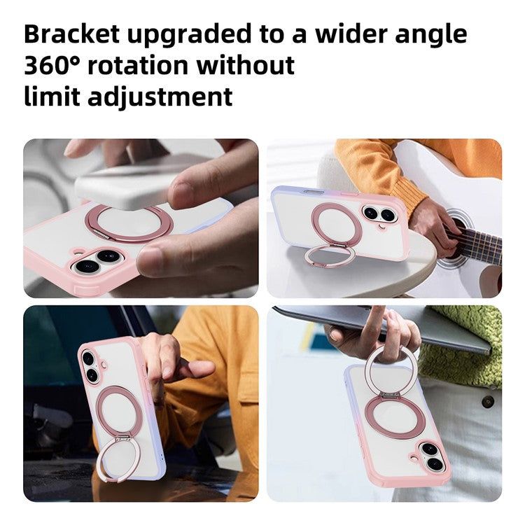 For iPhone 16 Case Compatible with MagSafe Ring Kickstand TPU+PC Back Cover - Gradient Pink Purple