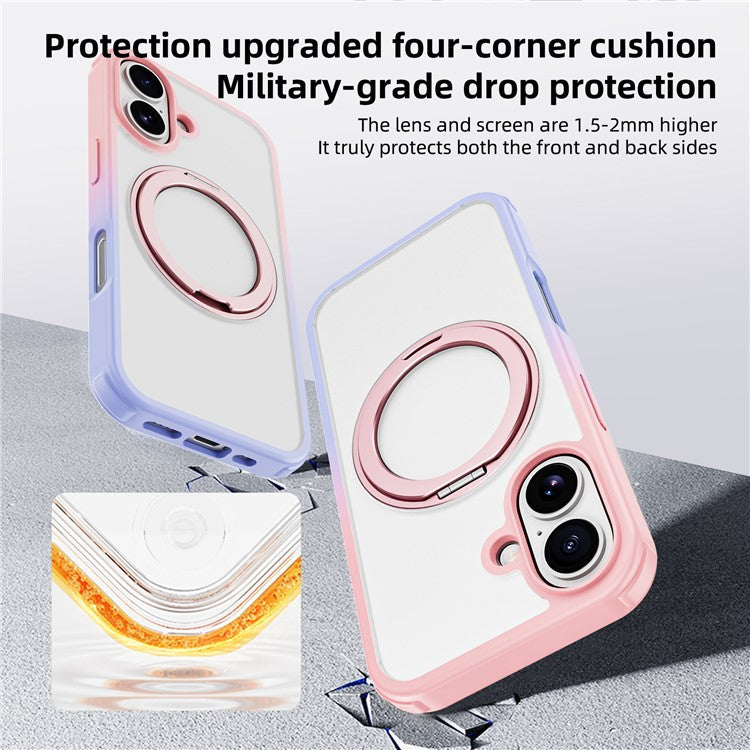 For iPhone 16 Case Compatible with MagSafe Ring Kickstand TPU+PC Back Cover - Gradient Pink Purple