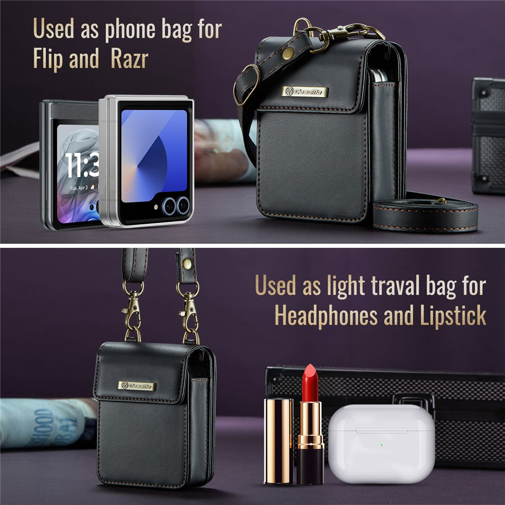 For Samsung Galaxy Z Flip7 FE 5G / Z Flip7 5G / Z Flip6 5G / Z Flip5 5G Leather Mobile Phone Bag RFID Blocking Wallet Pouch with Strap - Black