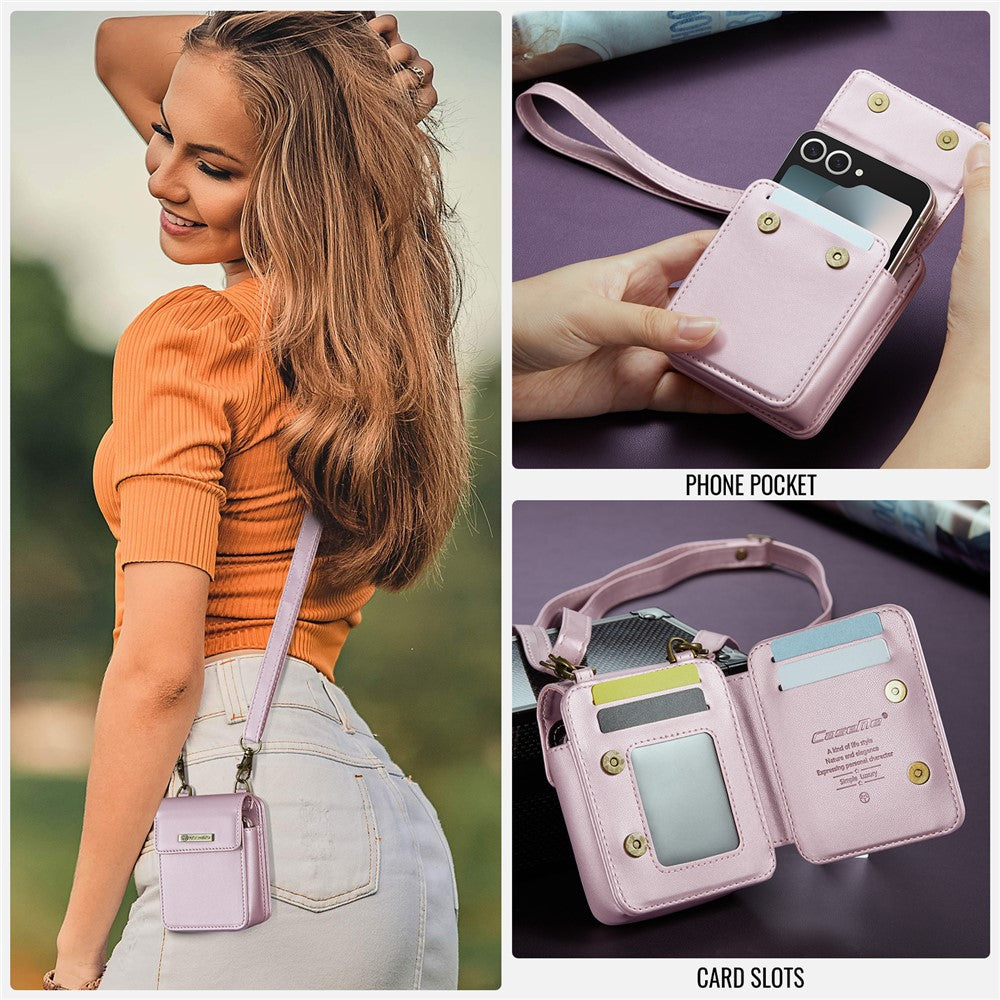 For Samsung Galaxy Z Flip7 FE 5G / Z Flip7 5G / Z Flip6 5G / Z Flip5 5G Leather Mobile Phone Bag RFID Blocking Wallet Pouch with Strap - Pink