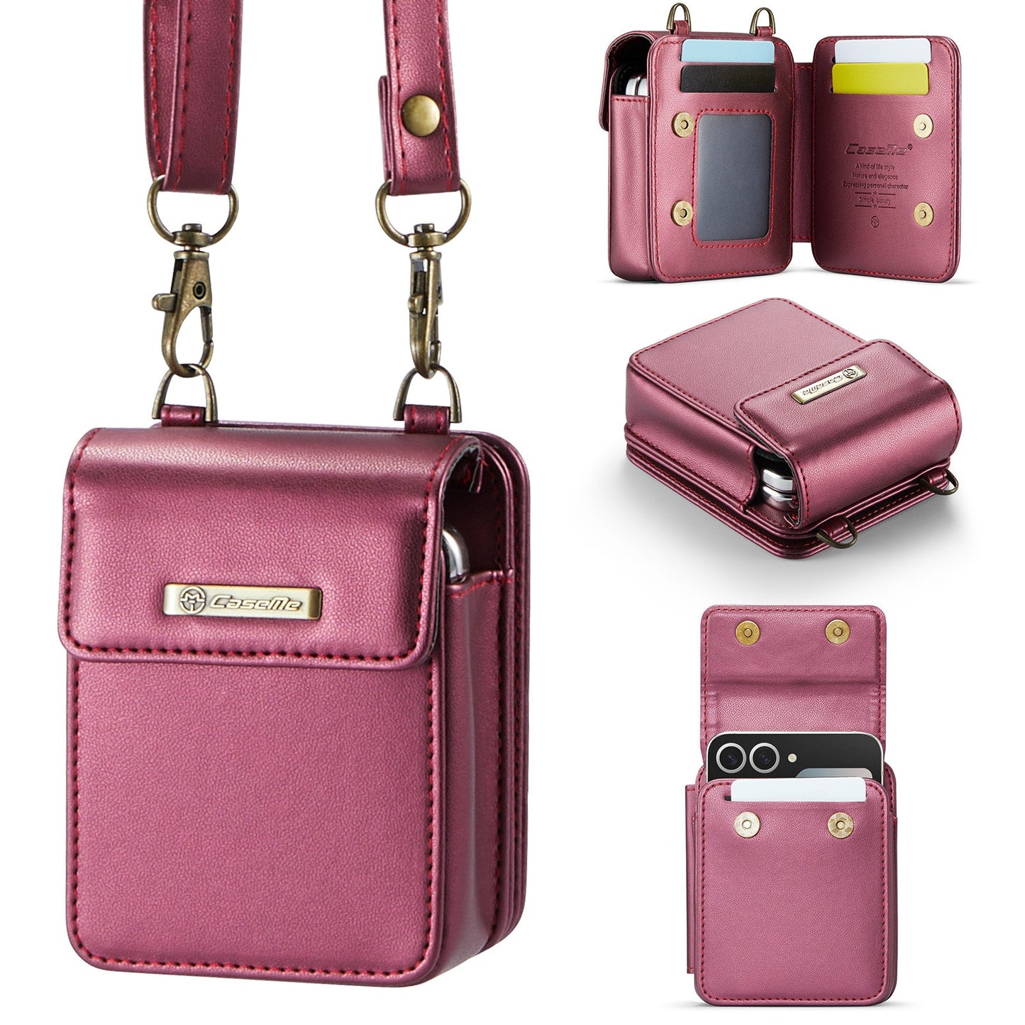 For Samsung Galaxy Z Flip5 5G / Galaxy Z Flip6 5G Leather Mobile Phone Bag RFID Blocking Wallet Cell Phone Pouch with Strap - Red