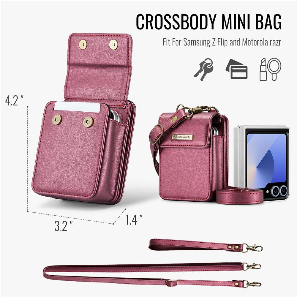 For Samsung Galaxy Z Flip7 FE 5G / Z Flip7 5G / Z Flip6 5G / Z Flip5 5G Leather Mobile Phone Bag RFID Blocking Wallet Pouch with Strap - Red