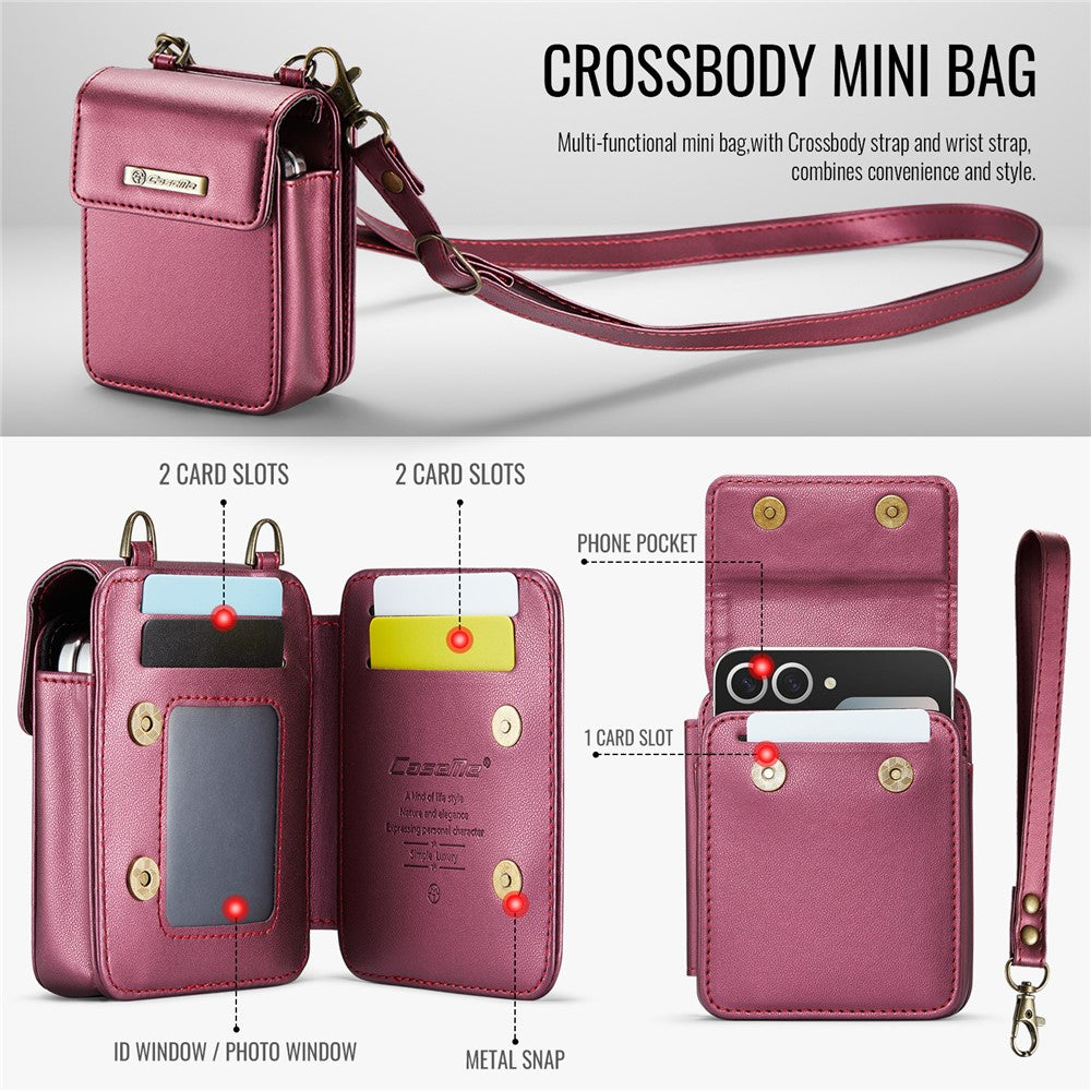 For Samsung Galaxy Z Flip7 FE 5G / Z Flip7 5G / Z Flip6 5G / Z Flip5 5G Leather Mobile Phone Bag RFID Blocking Wallet Pouch with Strap - Red