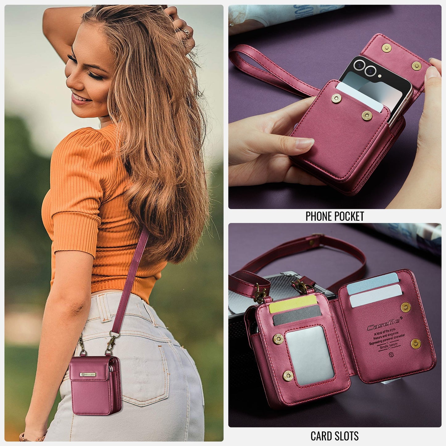 For Samsung Galaxy Z Flip5 5G / Galaxy Z Flip6 5G Leather Mobile Phone Bag RFID Blocking Wallet Cell Phone Pouch with Strap - Red