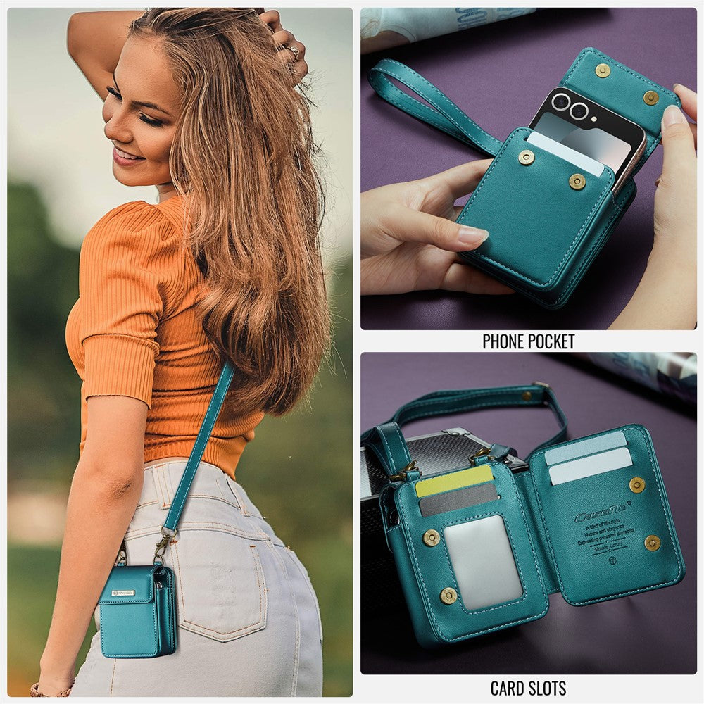 For Samsung Galaxy Z Flip7 FE 5G / Z Flip7 5G / Z Flip6 5G / Z Flip5 5G Leather Mobile Phone Bag RFID Blocking Wallet Pouch with Strap - Green