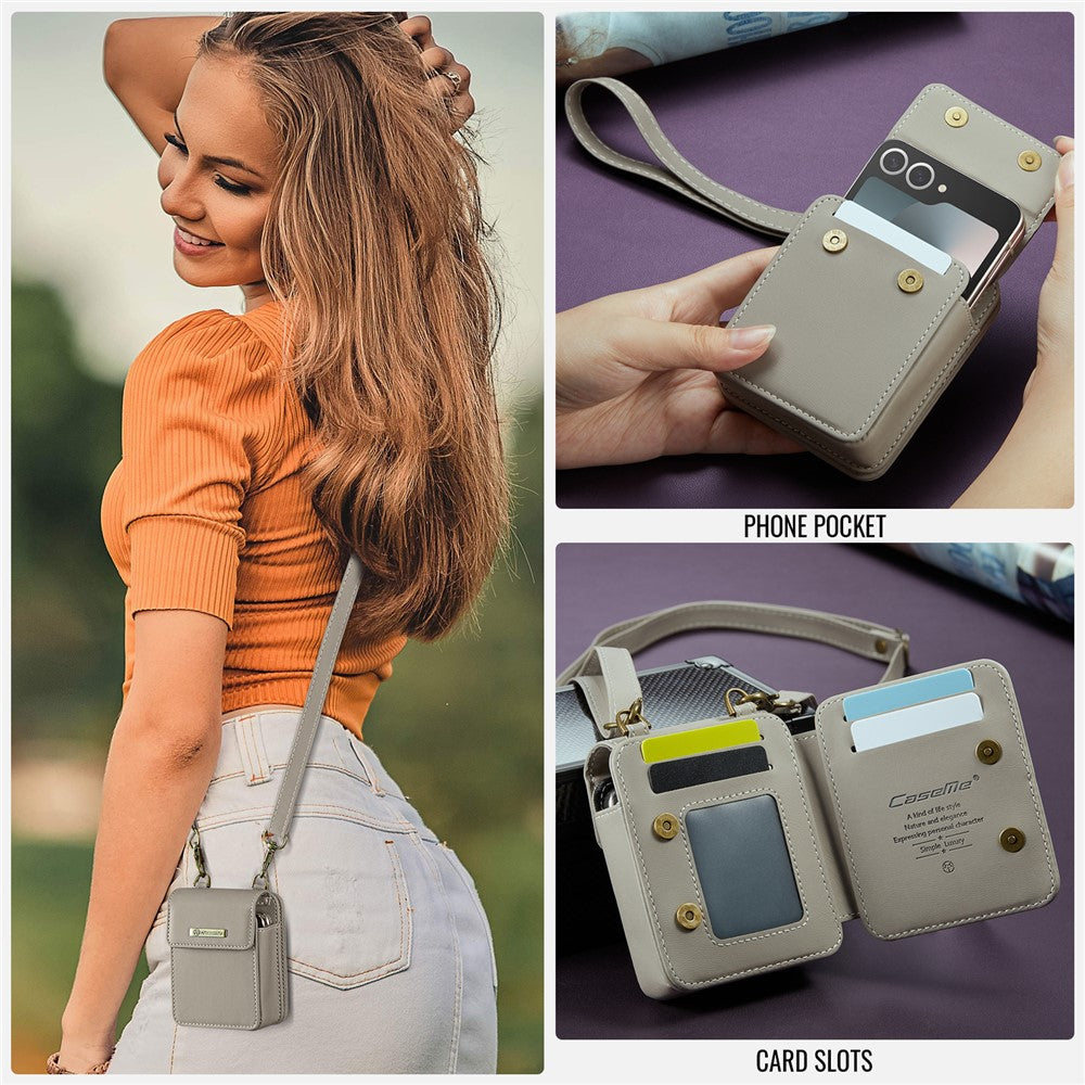 For Samsung Galaxy Z Flip7 FE 5G / Z Flip7 5G / Z Flip6 5G / Z Flip5 5G Leather Mobile Phone Bag RFID Blocking Wallet Pouch with Strap - Grey