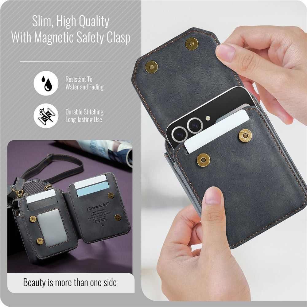 For Samsung Galaxy Z Flip7 FE 5G / Z Flip7 5G / Z Flip6 5G / Z Flip5 5G Phone Pouch with Strap RFID Blocking Leather Wallet Phone Case - Black