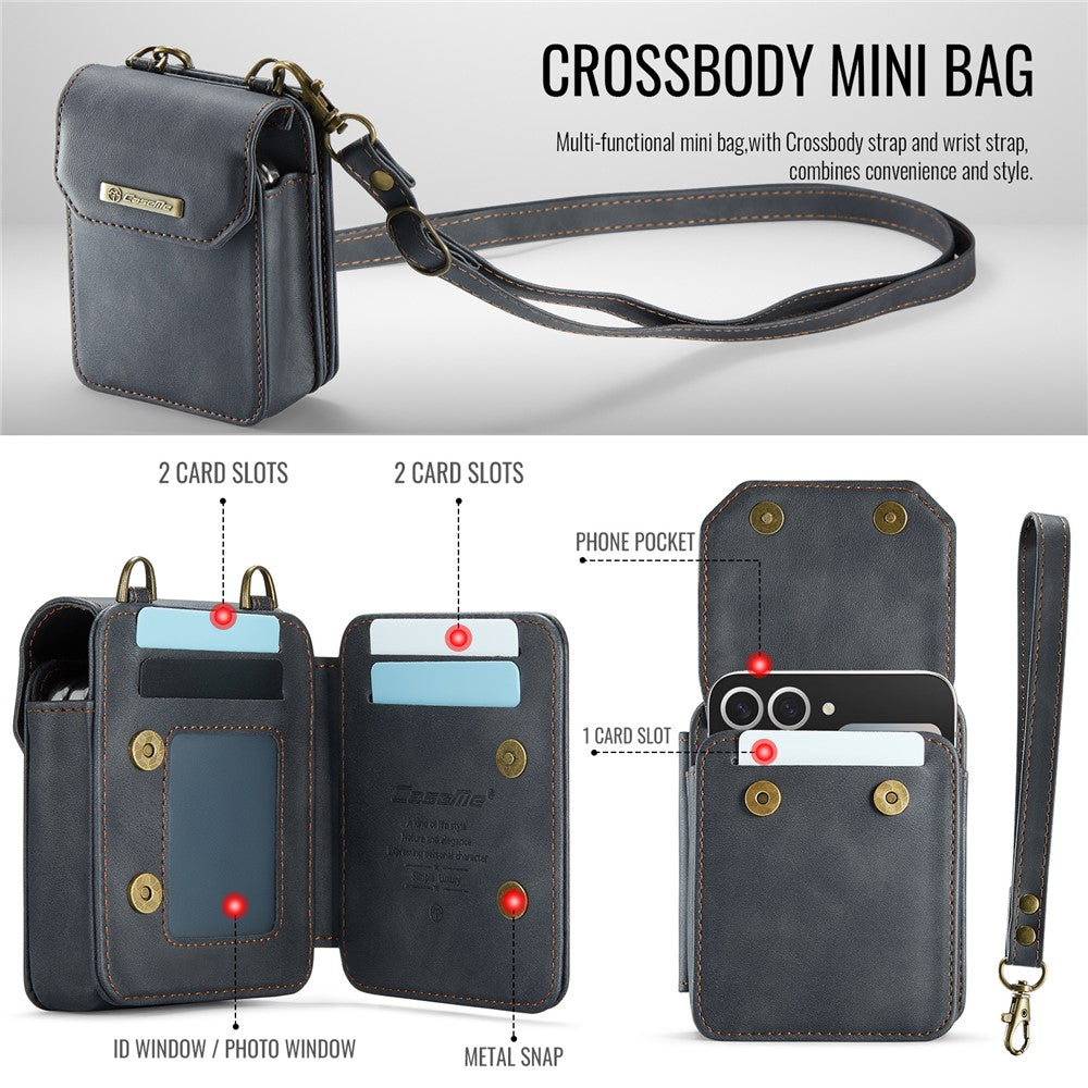 For Samsung Galaxy Z Flip7 FE 5G / Z Flip7 5G / Z Flip6 5G / Z Flip5 5G Phone Pouch with Strap RFID Blocking Leather Wallet Phone Case - Black