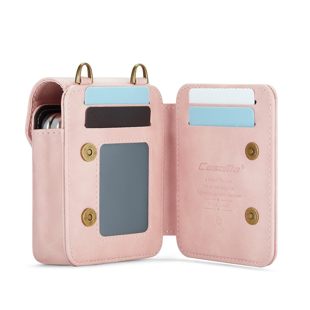 For Samsung Galaxy Z Flip7 FE 5G / Z Flip7 5G / Z Flip6 5G / Z Flip5 5G Phone Pouch with Strap RFID Blocking Leather Wallet Phone Case - Pink