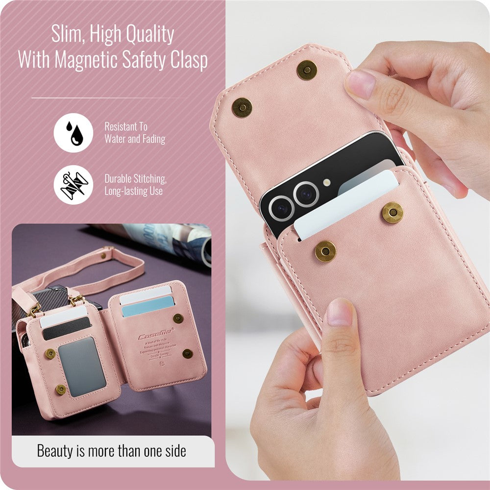 For Samsung Galaxy Z Flip7 FE 5G / Z Flip7 5G / Z Flip6 5G / Z Flip5 5G Phone Pouch with Strap RFID Blocking Leather Wallet Phone Case - Pink