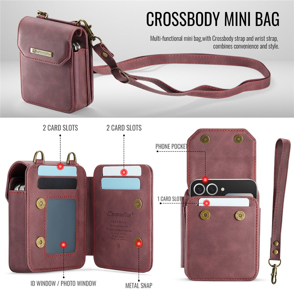 For Samsung Galaxy Z Flip7 FE 5G / Z Flip7 5G / Z Flip6 5G / Z Flip5 5G Phone Pouch with Strap RFID Blocking Leather Wallet Phone Case - Red