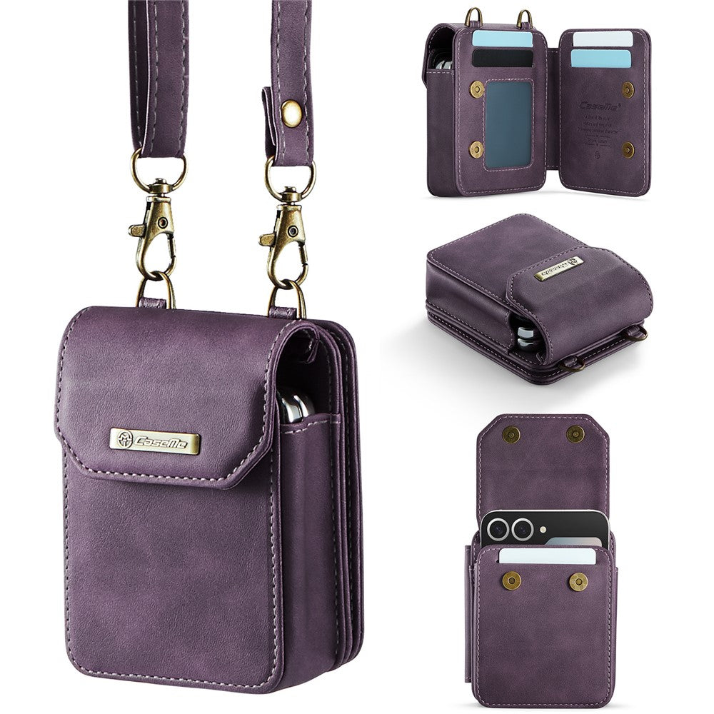 For Samsung Galaxy Z Flip7 FE 5G / Z Flip7 5G / Z Flip6 5G / Z Flip5 5G Phone Pouch with Strap RFID Blocking Leather Wallet Phone Case -  Purple