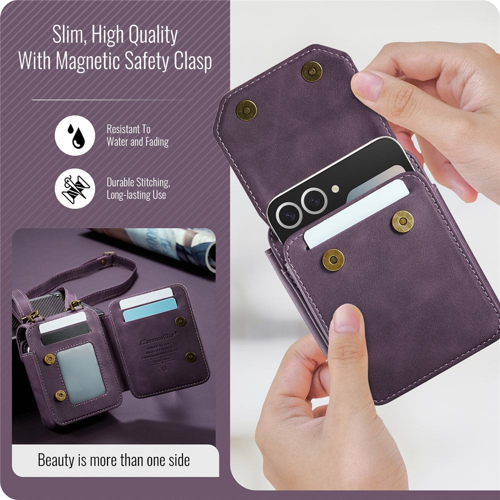 For Samsung Galaxy Z Flip7 FE 5G / Z Flip7 5G / Z Flip6 5G / Z Flip5 5G Phone Pouch with Strap RFID Blocking Leather Wallet Phone Case -  Purple