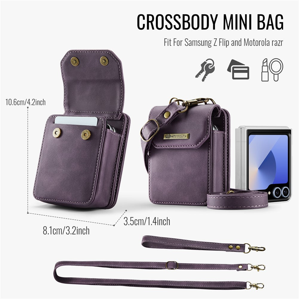For Samsung Galaxy Z Flip7 FE 5G / Z Flip7 5G / Z Flip6 5G / Z Flip5 5G Phone Pouch with Strap RFID Blocking Leather Wallet Phone Case -  Purple