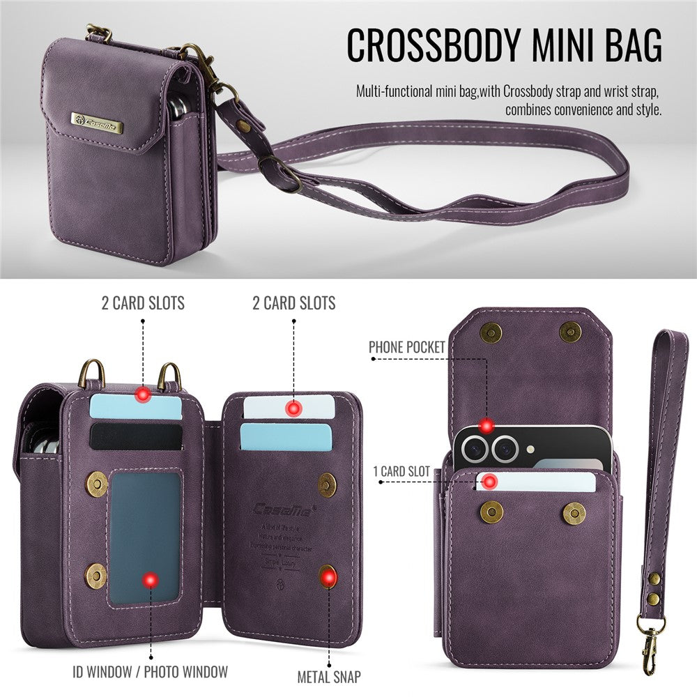 For Samsung Galaxy Z Flip7 FE 5G / Z Flip7 5G / Z Flip6 5G / Z Flip5 5G Phone Pouch with Strap RFID Blocking Leather Wallet Phone Case -  Purple