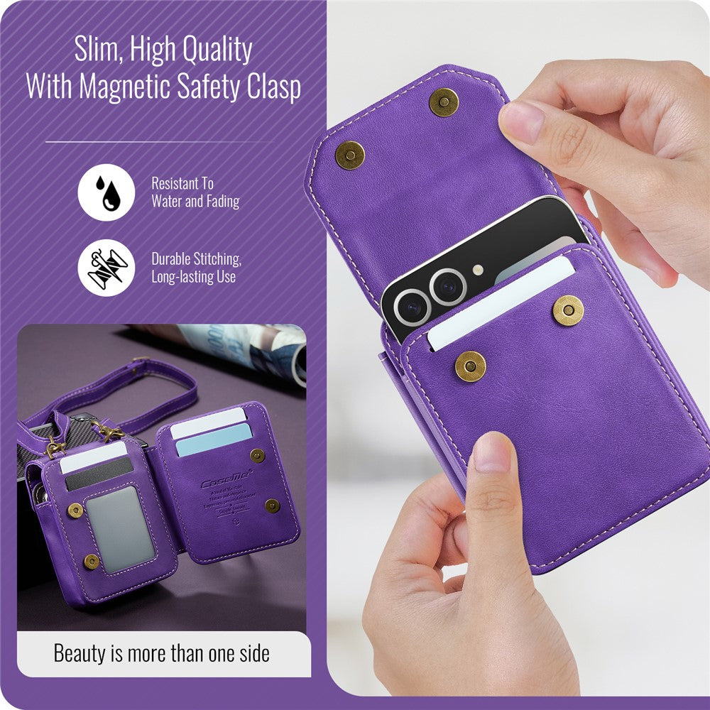 For Samsung Galaxy Z Flip7 FE 5G / Z Flip7 5G / Z Flip6 5G / Z Flip5 5G Phone Pouch with Strap RFID Blocking Leather Wallet Phone Case - Dark Purple