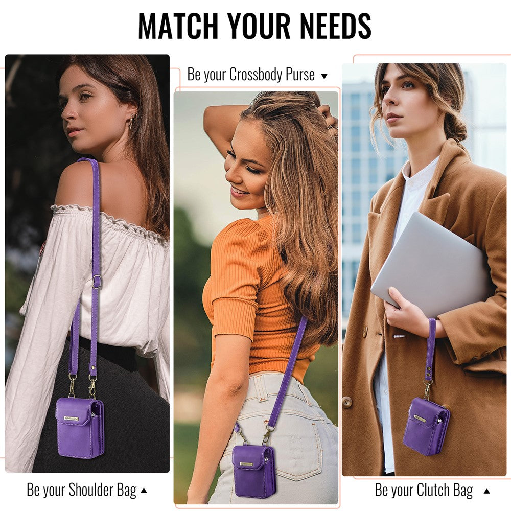 For Samsung Galaxy Z Flip7 FE 5G / Z Flip7 5G / Z Flip6 5G / Z Flip5 5G Phone Pouch with Strap RFID Blocking Leather Wallet Phone Case - Dark Purple