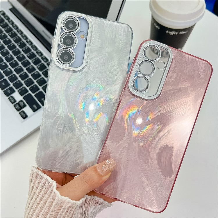 For Samsung Galaxy S24 FE Case IMD Design Shockproof PC+TPU Phone Cover with Glass Lens Film - Feather Pattern / Pink