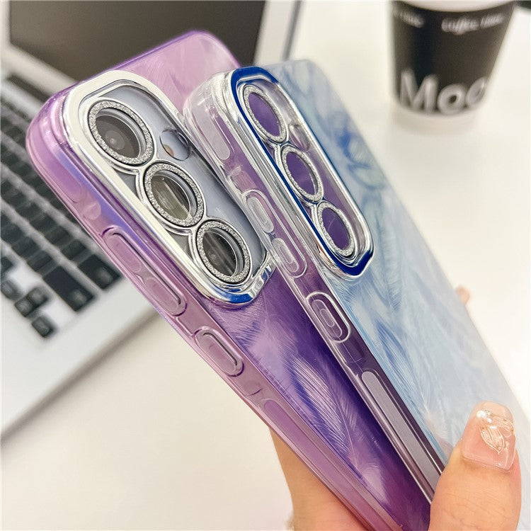 For Samsung Galaxy S24 FE Case IMD Design Shockproof PC+TPU Phone Cover with Glass Lens Film - Feather Pattern / Pink