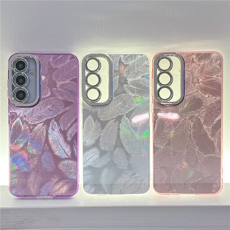 For Samsung Galaxy S24 FE Case IMD Design Shockproof PC+TPU Phone Cover with Glass Lens Film - Feather Pattern / Pink