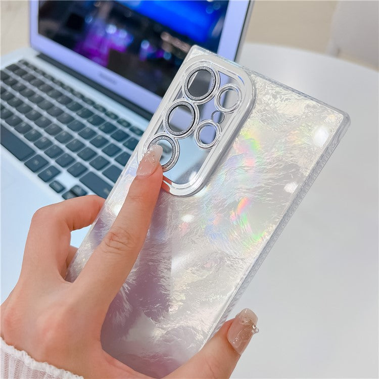 For Samsung Galaxy S24 Ultra Case IMD Design Shockproof PC+TPU Phone Cover with Glass Lens Film - Wrinkle Pattern / Purple