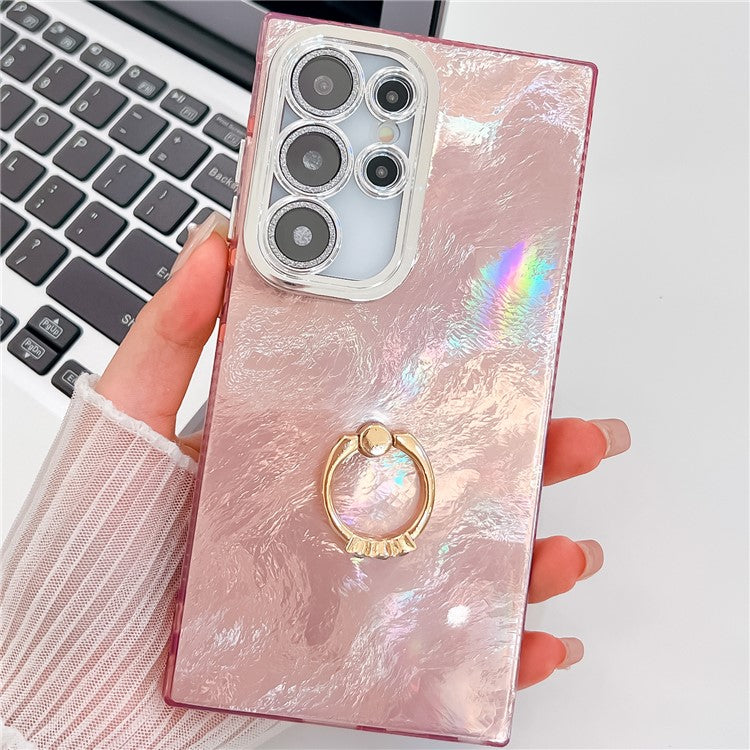 For Samsung Galaxy S24 Ultra Case with Lens Film IMD Anti-Scratch PC+TPU Phone Cover Ring Holder Kickstand - Foil Pattern / Pink