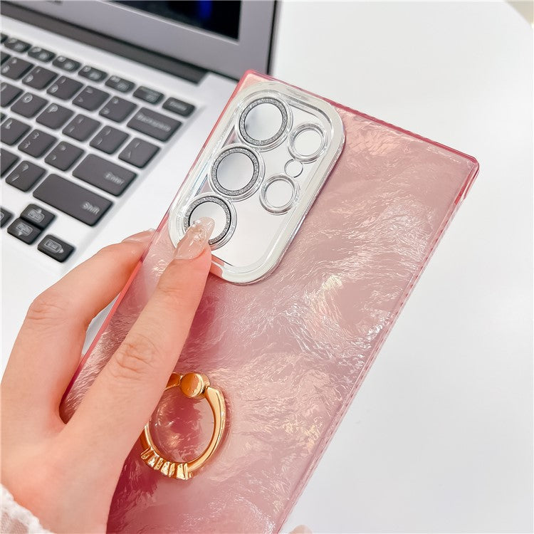 For Samsung Galaxy S24 Ultra Case with Lens Film IMD Anti-Scratch PC+TPU Phone Cover Ring Holder Kickstand - Foil Pattern / Pink