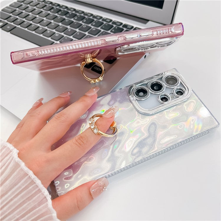 For Samsung Galaxy S24 Ultra Case with Lens Film IMD Anti-Scratch PC+TPU Phone Cover Ring Holder Kickstand - Foil Pattern / Pink