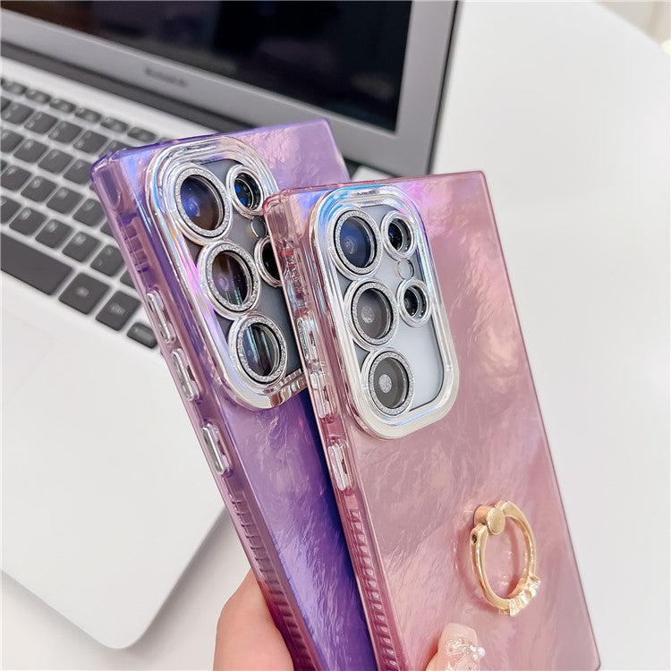 For Samsung Galaxy S24 Ultra Case with Lens Film IMD Anti-Scratch PC+TPU Phone Cover Ring Holder Kickstand - Foil Pattern / Pink
