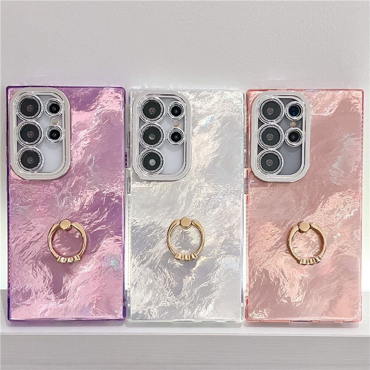 For Samsung Galaxy S24 Ultra Case with Lens Film IMD Anti-Scratch PC+TPU Phone Cover Ring Holder Kickstand - Foil Pattern / Pink