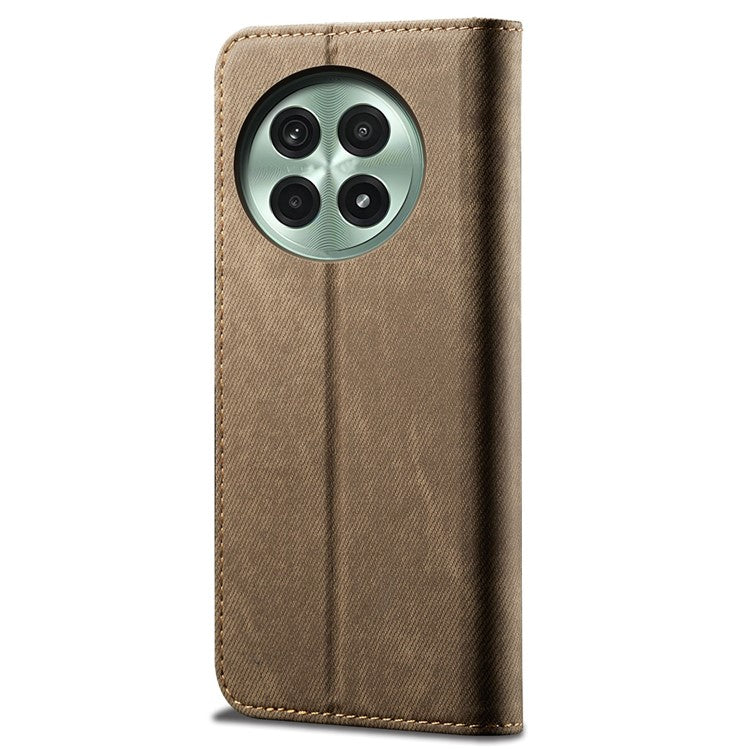 For OnePlus 13 Case Jeans Cloth Texture Anti-Scratch Leather Stand Phone Cover - Khaki