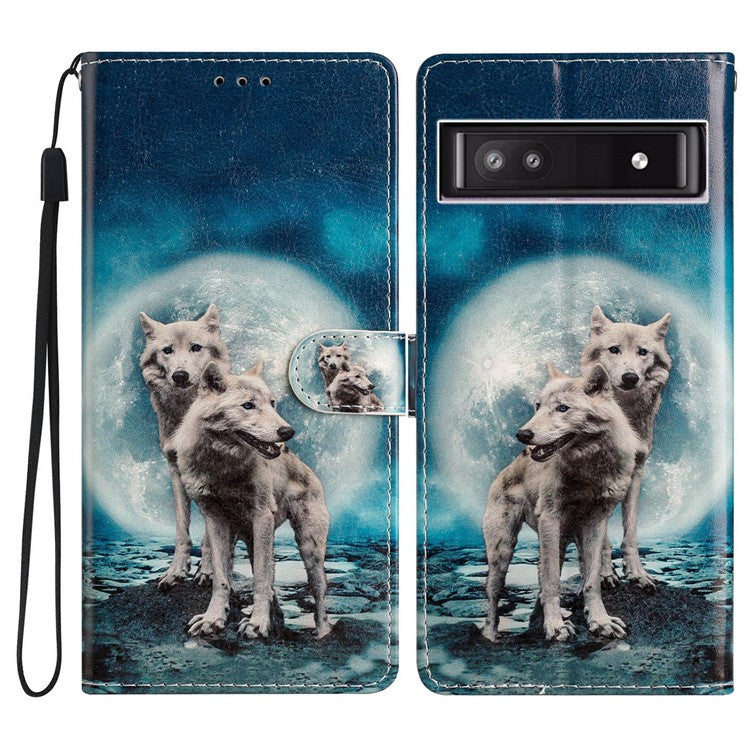 For Google Pixel 9a Wallet Case PU Leather Pattern Printing Stand Phone Cover with Strap - Two Wolves