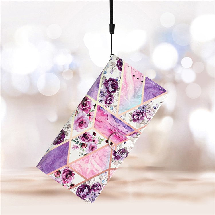 For Google Pixel 9a Wallet Case PU Leather Pattern Printing Stand Phone Cover with Strap - Purple Flowers